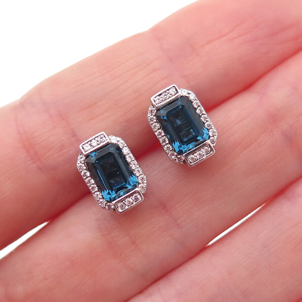 Han 925 Sterling Silver Emerald-Cut Blue & Round-Cut White C Z Stud Earrings